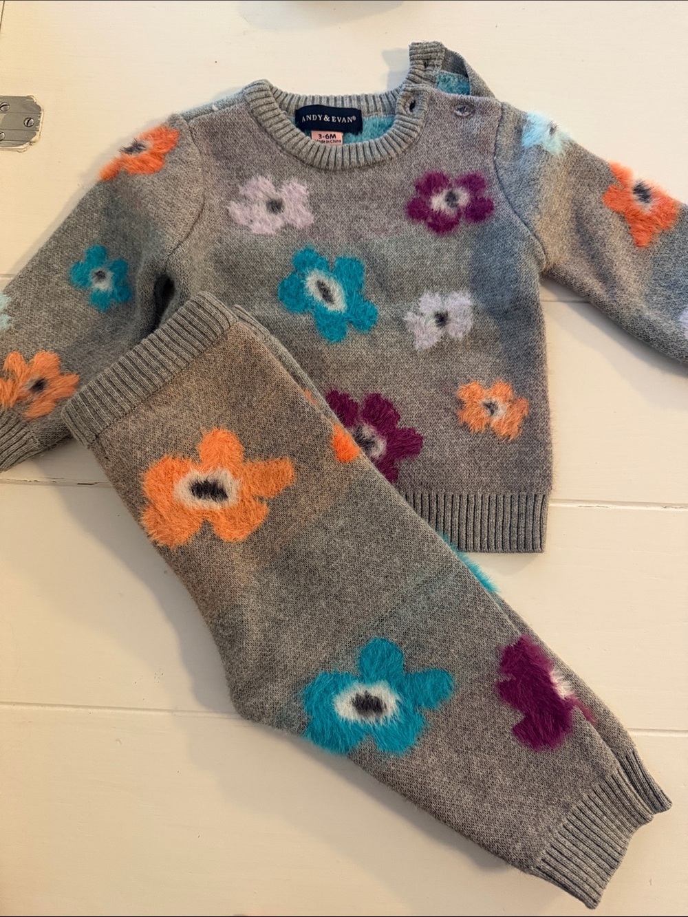 Andy & Evan Gray Floral Knit Sweater & Pants Set